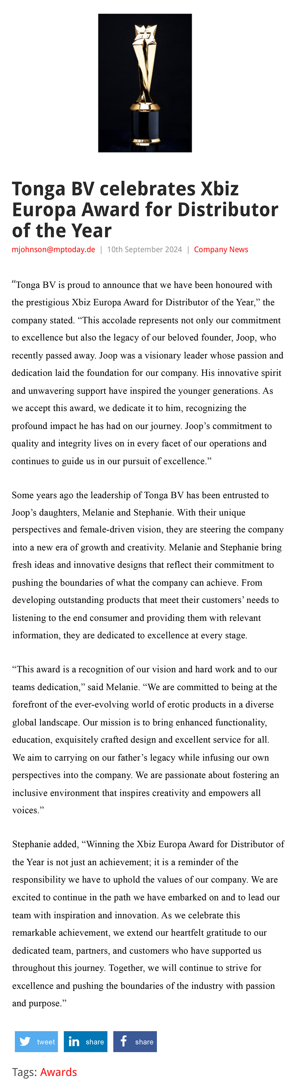 2024-09 EAN Online - Tonga BV celebrates Xbiz Europa Award